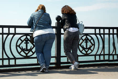 Two friends are standing at the fence on the observation deck by the sea. The girls are wearing...