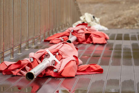 Preparing the beach for the opening of the season. Umbrellas are delivered to the beach. Selective...