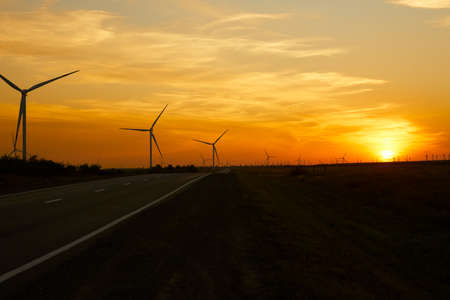 There are many three-bladed wind turbines at sunset, built in the steppe along the highway. Copy space.の写真素材