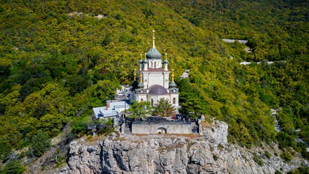 Crimea. Foros. The Church of the Ascension of Christ on the top of a steep cliff. Shooting from a...