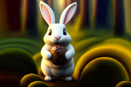 A fabulous smiling Easter bunny with a chocolate egg in his paws on an abstract hilly background.の写真素材
