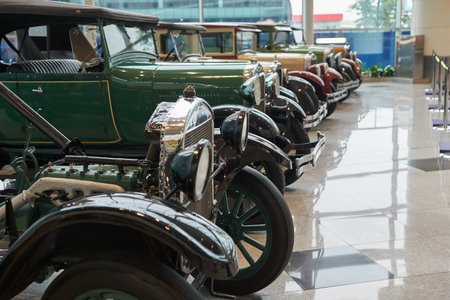 Russia, Domodedovo, August 17, 2019: Exhibition of rare cars. General view of retro cars of different brands in an enclosed space.のeditorial素材