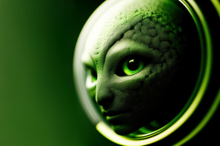 Portrait of an alien: half lizard - half man helmet with green skin and penetrating green eyes. copyspace. Generative AI. Art.の素材