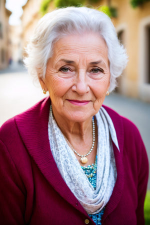 Portrait of a gray-haired old lady on a blurry street background of a small cozy town. AI generative.の素材