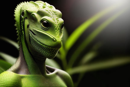 Portrait of a reptiloid with scaly green skin. AI generativeの素材