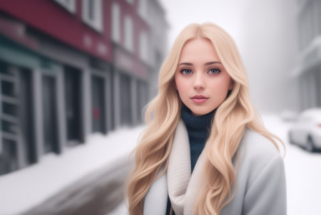Beautiful blue-eyed girl blonde in a light-colored coat on a snowy city street. AI generativeの素材