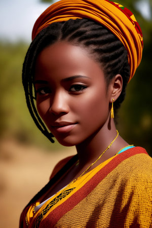 Portrait of a young African woman in yellow national dress with a scarf on her head. AI generativeの素材