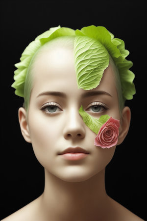 Portrait of a young woman with lettuce leaves on her face and head. Art. AI generativeの素材
