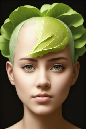 Portrait of a young woman with a haircut of lettuce leaves. Art. AI generative.の素材