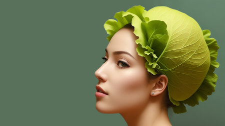 Portrait of a young woman with lettuce leaves on her head. Art. AI generativeの素材