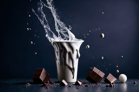 An explosion of milk dessert in a white chocolate cup with flying white balls, chocolate cubes and chocolate chips on the table. The background is dark blue. AI generative.の素材