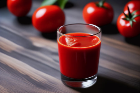 A glass of tomato juice on a dark wooden surface. There are several red tomatoes in the background. AI generativeの素材