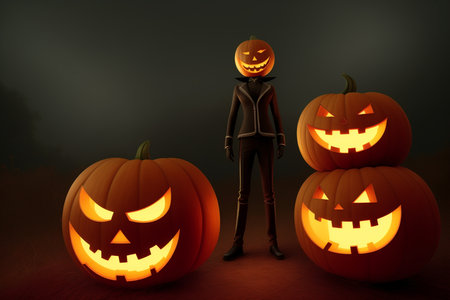 Halloween. A man with a pumpkin head surrounded by glowing pumpkins on a gloomy background. AI generativeの素材