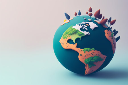 Climate change on the planet. Fantasy globe with altered contours of continents on light blue background. copyspace. AI generativeの素材