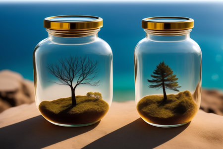 Miniature plants in two glass jars under lids on a blue sea background. AI generativeの素材