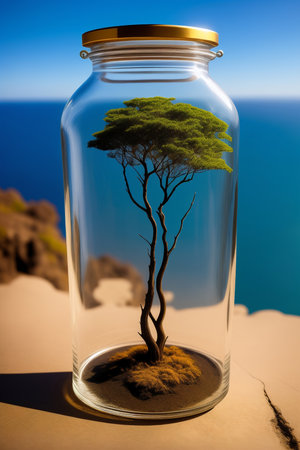 A miniature whimsical tree in a glass jar on a rocky seashore. AI generativeの素材