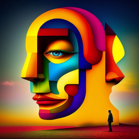 The figure of a small hunched man standing in front of a colorful large face in a surrealistic style. AI generativeの素材