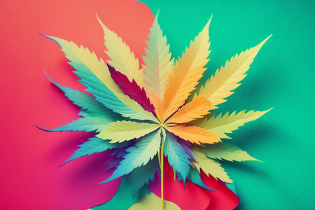 Fancy multicolored cannabis leaves on a two-color (pink, turquoise) background. AI generativeの素材