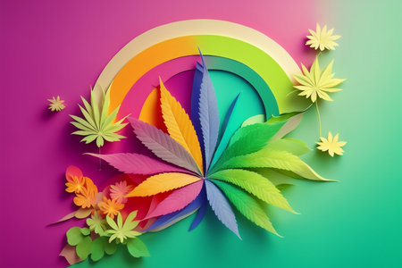 Rainbow cannabis leaves under a rainbow arc on a two-tone pink-green background. AI generativeの素材