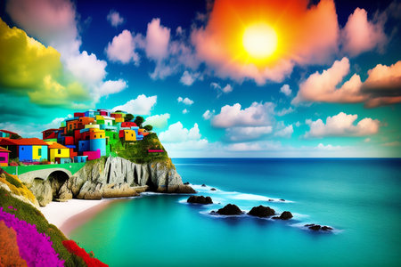 A picturesque village with colorful brightly colored buildings on a rocky seashore. AI generative.の素材