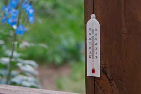 Alcohol street household thermometer with a plus 24 degree Celsius mark on a wooden pole against a blurry background of a blooming garden.の写真素材