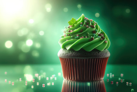 Cake (chocolate cupcake) with a cap of whipped cream with sprinkles on top on green blurred background. Copy space. AI generative.の素材