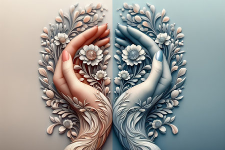 Two female hands with flowers and leaves on two-color background. AI generative.の素材