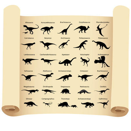 Collection of silhouettes of dinosaurs with names on papyrusのイラスト素材