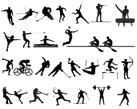 Silhouettes of athletes on trainings and competitions, a collection of sportsのイラスト素材
