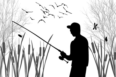 Silhouette of angler among the cane on fishingのイラスト素材