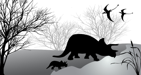 Triceratops with kid against the landscape. Vector illustration.のイラスト素材