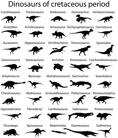 Silhouettes of dinosaurs of cretaceous period of mesozoic era with namesのイラスト素材