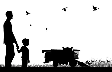 Man with a boy watching to work of combine-harvesterのイラスト素材