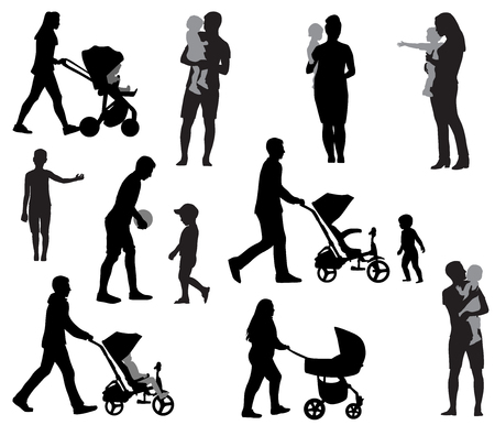 Silhouettes of mothers and fathers with children illustration.のイラスト素材