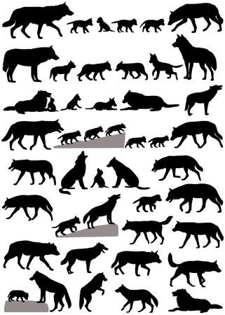 Collection of silhouettes of wolves and wolf-cubsのイラスト素材