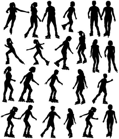 Collection of silhouettes of children and teenagers on roller skatesのイラスト素材