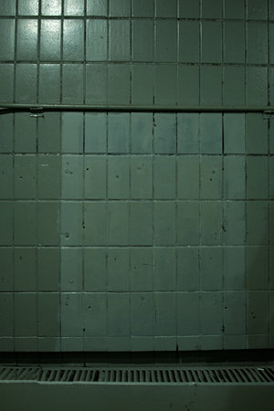 Green ceramic tile wall in a bathroom. Abstract background and texture for design.の写真素材