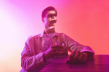 A man on an orange-purple background with a glass of whiskey
