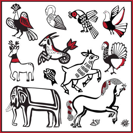 Russian folk splints pictures with animals in the old styleのイラスト素材