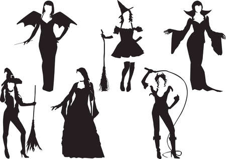 Silhouettes of girls dressed as fairies and witches on a white backgroundのイラスト素材