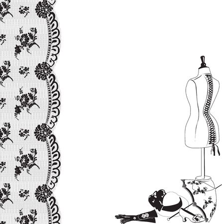 Vertical frame made ââof black lace and retro accessories on a white backgroundのイラスト素材