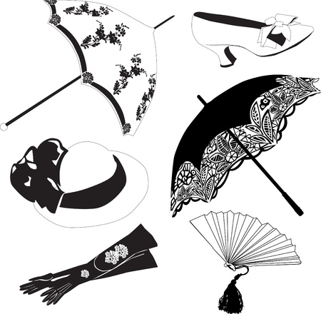 a set of six vintage black accessories on a white backgroundのイラスト素材