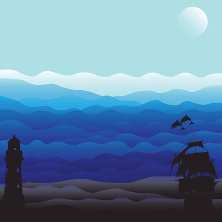 Marine background with dark silhouettesのイラスト素材