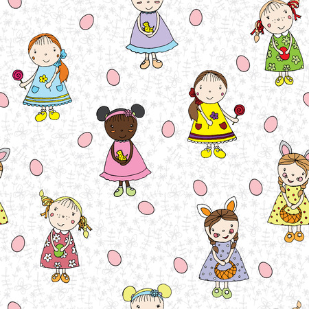 Seamless easter pattern with little girlsのイラスト素材