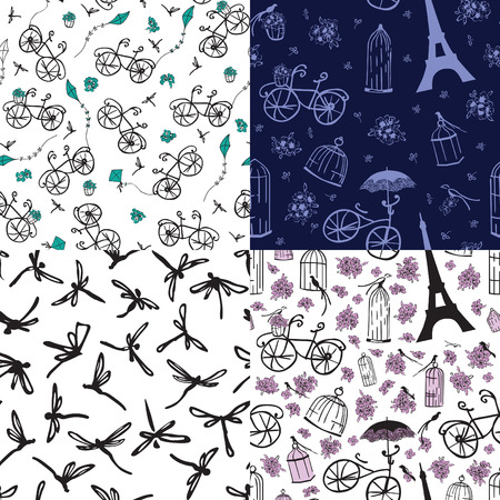 Four seamless pattern with flowers bike and kitesのイラスト素材