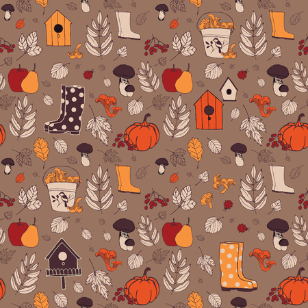 The autumn nature. Background with leaves, harvest and boots.のイラスト素材