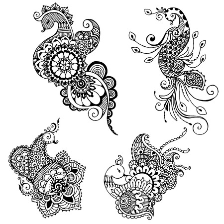 set hand painted peacock style mehndiのイラスト素材