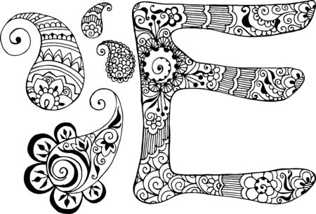 letter E decorated in the style of mehndiのイラスト素材