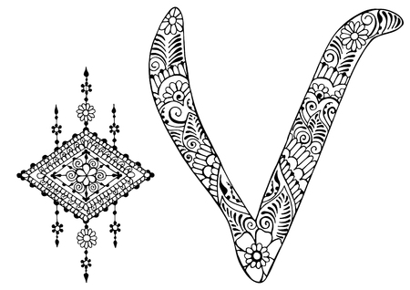 letter V decorated in the style of mehndiのイラスト素材