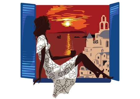 The girl looks out of the window at the sunset.のイラスト素材